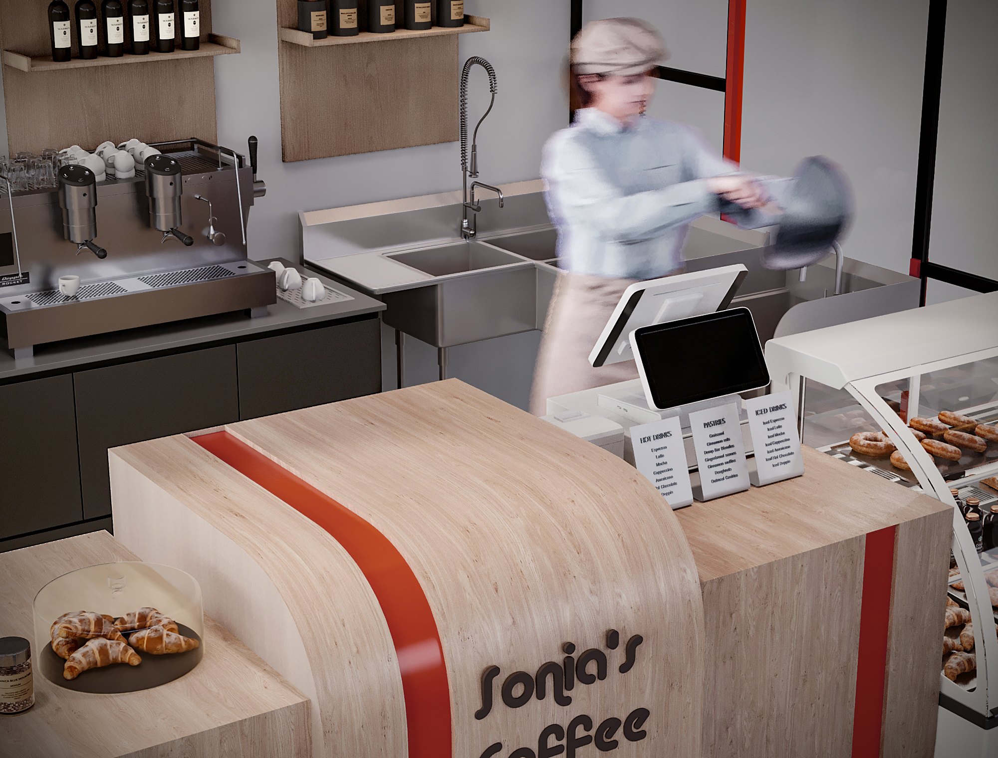 Design rendering · Counter and service area