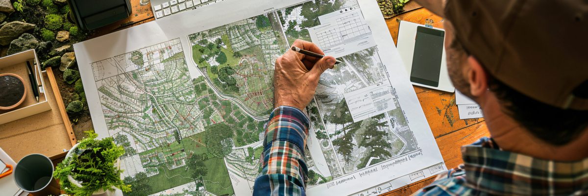 Landscape designer working in office with plans on paper Top view of landscape designer working in office with plans on paper